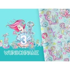 Bio-Jersey WUNSCHNAME Panel + Kombistoff 3. Geburtstag Mermaid Party - Meerjungfrauen, 2 In 1