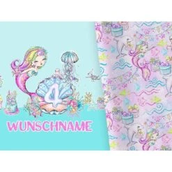 Bio-Jersey WUNSCHNAME Panel + Kombistoff 4. Geburtstag Mermaid Party - Meerjungfrauen, 2 In 1