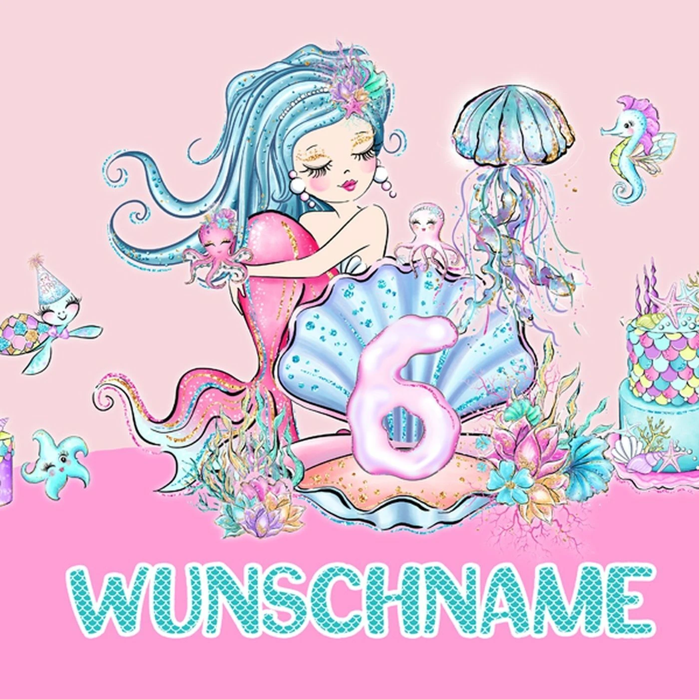 Bio-Jersey WUNSCHNAME Panel + Kombistoff 6. Geburtstag Mermaid Party - Meerjungfrauen, 2 In 1 3 Bio-Jersey WUNSCHNAME Panel + Kombistoff 6. Geburtstag Mermaid Party - Meerjungfrauen, 2 In 1 – Bild 2
