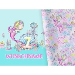 Titelseite 23 Bio-Jersey WUNSCHNAME Panel + Kombistoff 7. Geburtstag Mermaid Party - Meerjungfrauen, 2 In 1