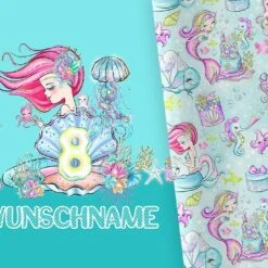 Bio-Jersey WUNSCHNAME Panel + Kombistoff 8. Geburtstag Mermaid Party - Meerjungfrauen, 2 In 1