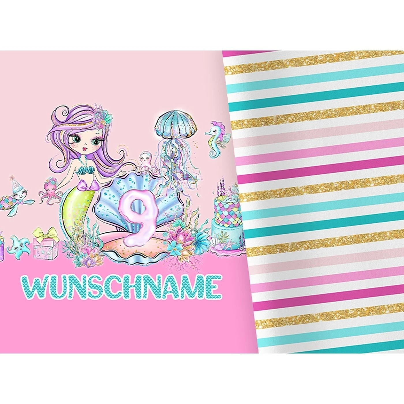Bio-Jersey WUNSCHNAME Panel + Kombistoff 9. Geburtstag Mermaid Party - Meerjungfrauen, 2 In 1 3 Bio-Jersey WUNSCHNAME Panel + Kombistoff 9. Geburtstag Mermaid Party - Meerjungfrauen, 2 In 1