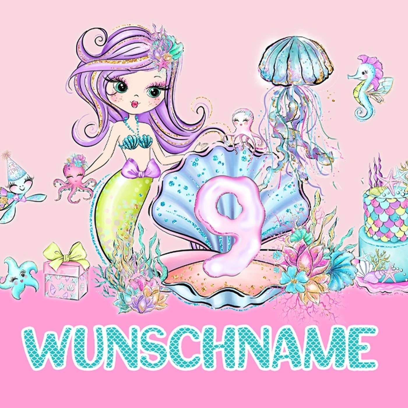 Bio-Jersey WUNSCHNAME Panel + Kombistoff 9. Geburtstag Mermaid Party - Meerjungfrauen, 2 In 1 4 Bio-Jersey WUNSCHNAME Panel + Kombistoff 9. Geburtstag Mermaid Party - Meerjungfrauen, 2 In 1 – Bild 2