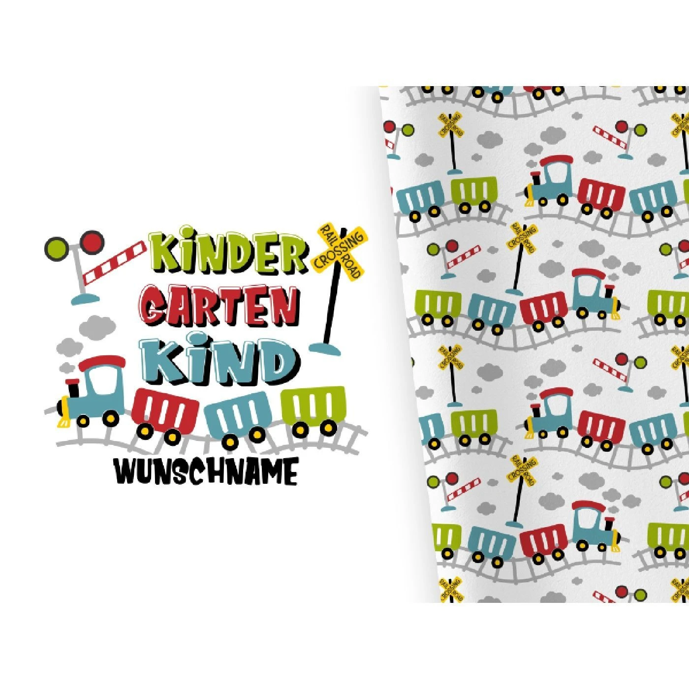 Bio-Jersey WUNSCHNAME Panel + Kombistoff KITA Spezial, Eisenbahn, 2 In 1 3 Bio-Jersey WUNSCHNAME Panel + Kombistoff KITA Spezial, Eisenbahn, 2 In 1