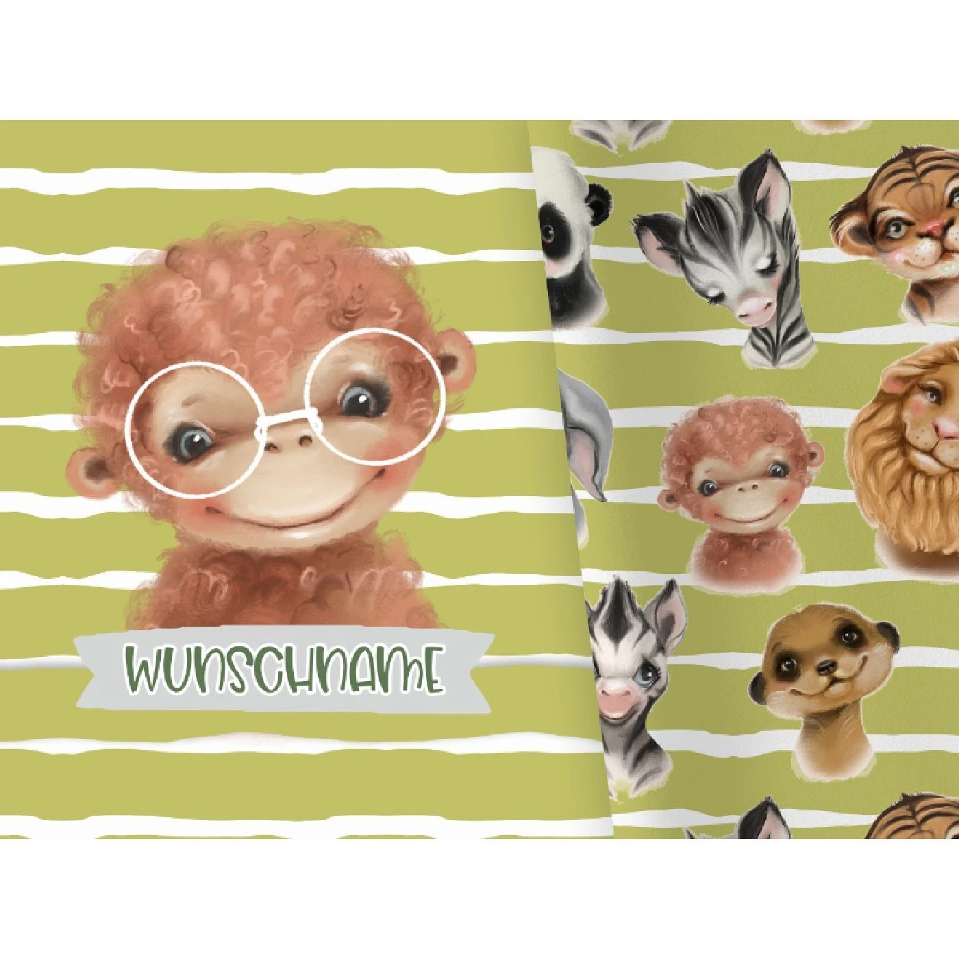 Bio-Jersey WUNSCHNAME Panel + Kombistoff Smiling Friends, Äffchen Grün, 2 In 1 3 Bio-Jersey WUNSCHNAME Panel + Kombistoff Smiling Friends, Äffchen Grün, 2 In 1