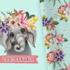 Titelseite 5 Bio-Jersey WUNSCHNAME Panel + Kombistoff Smiling Friends, Elefant Türkis, 2 In 1