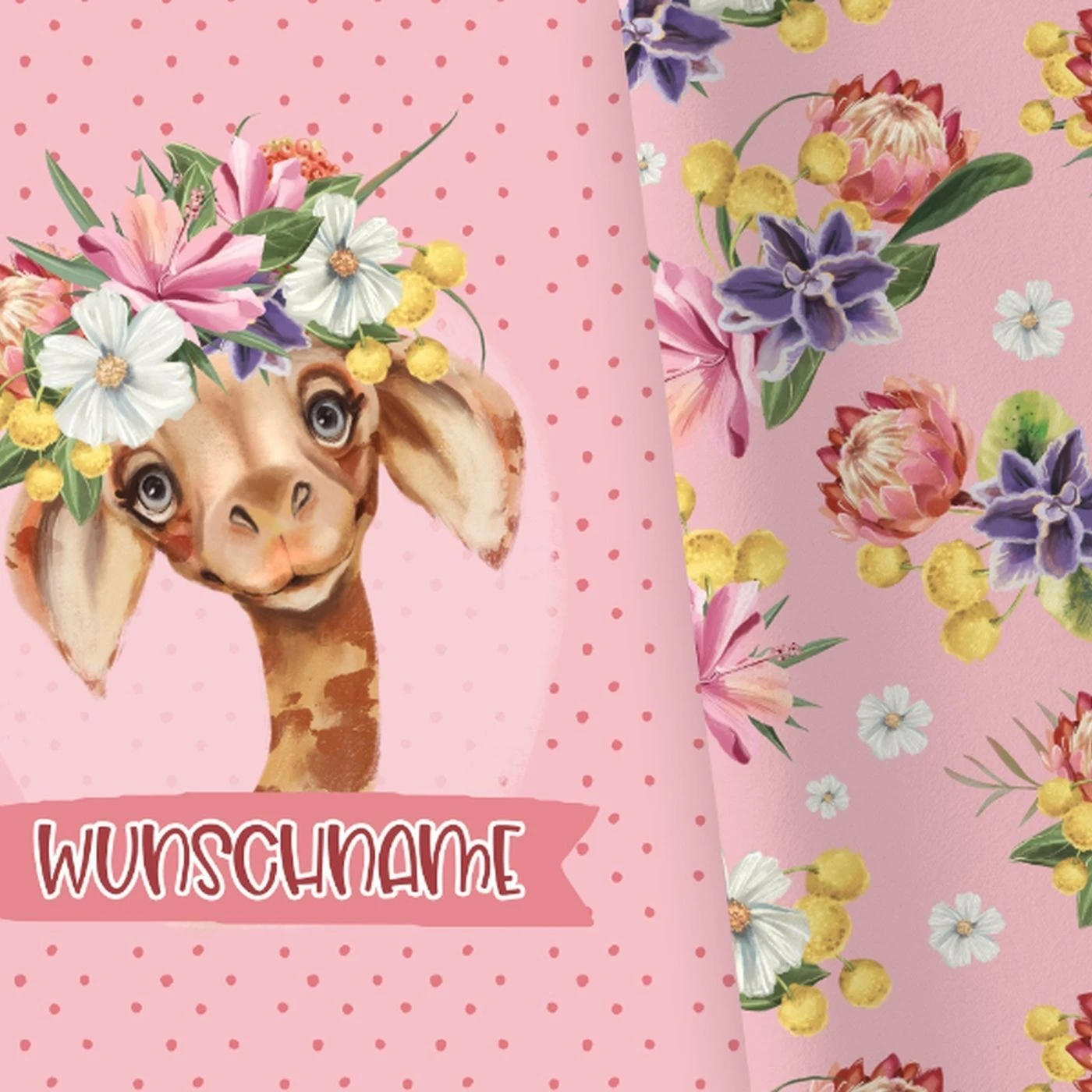 Bio-Jersey WUNSCHNAME Panel + Kombistoff Smiling Friends, Giraffe Rosa, 2 In 1 3 Bio-Jersey WUNSCHNAME Panel + Kombistoff Smiling Friends, Giraffe Rosa, 2 In 1