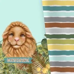 Bio-Jersey WUNSCHNAME Panel + Kombistoff Smiling Friends, Löwe Bunt, 2 In 1