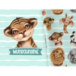 Titelseite 7 Bio-Jersey WUNSCHNAME Panel + Kombistoff Smiling Friends, Tiger Türkis, 2 In 1