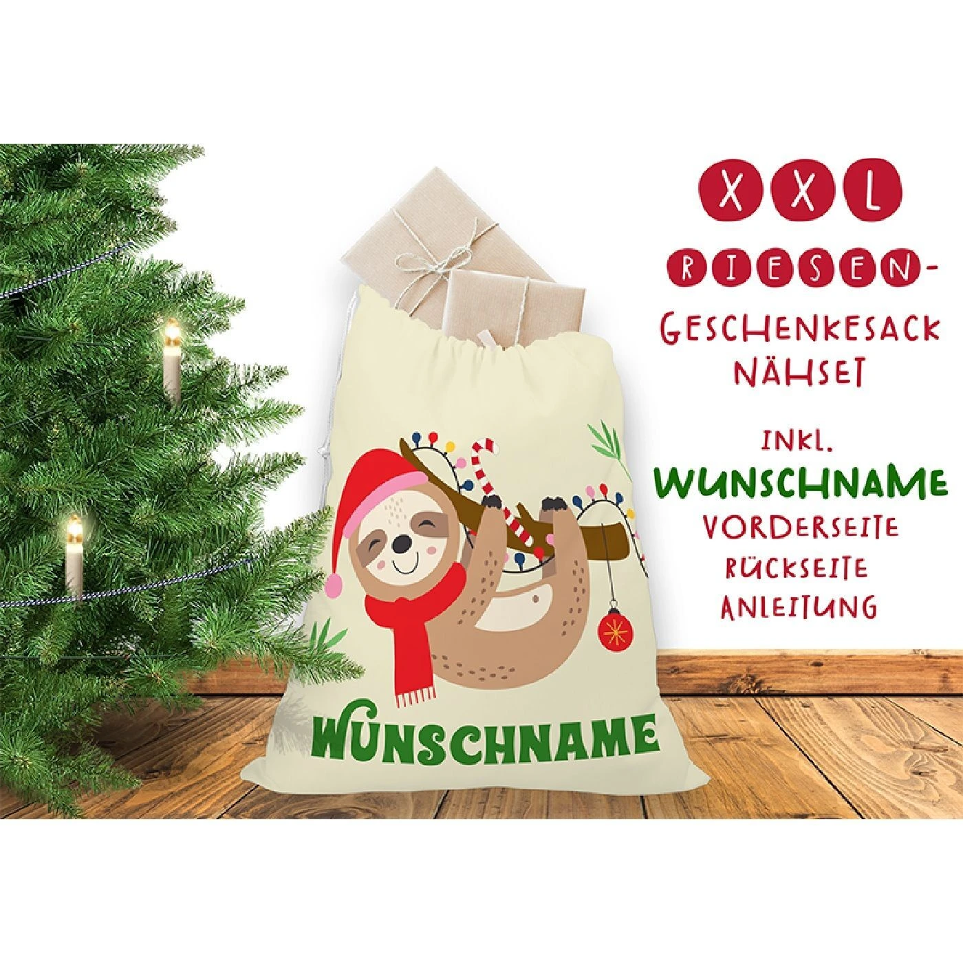 Nähset XXL Riesen WUNSCHNAME Geschenke-Sack Faultier Beige, Canvas 3 Nähset XXL Riesen WUNSCHNAME Geschenke-Sack Faultier Beige, Canvas