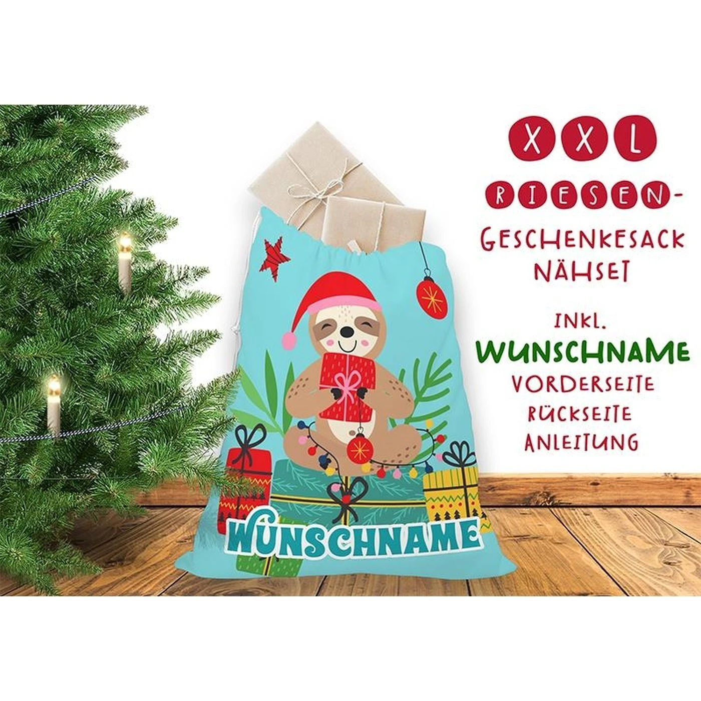 Nähset XXL Riesen WUNSCHNAME Geschenke-Sack Faultier Blau, Canvas 3 Nähset XXL Riesen WUNSCHNAME Geschenke-Sack Faultier Blau, Canvas