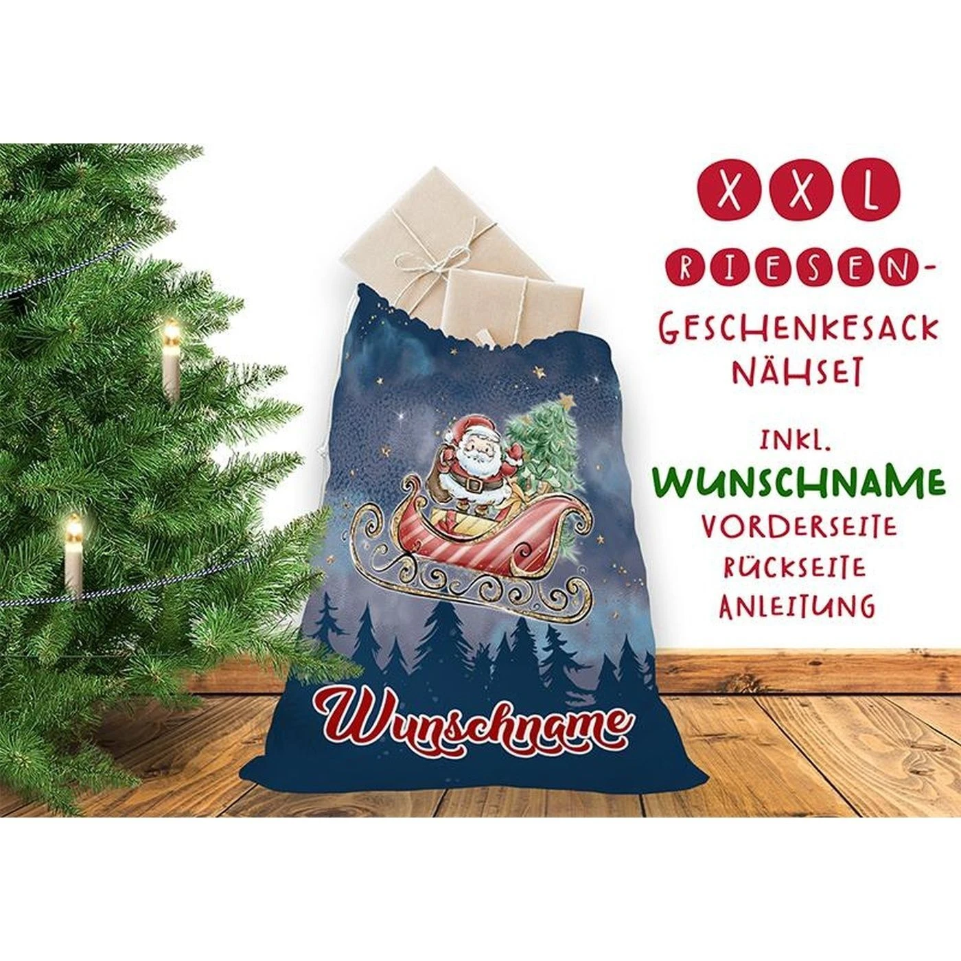 Nähset XXL Riesen WUNSCHNAME Geschenke-Sack Schlitten Weihnachtsabend, Canvas 3 Nähset XXL Riesen WUNSCHNAME Geschenke-Sack Schlitten Weihnachtsabend, Canvas
