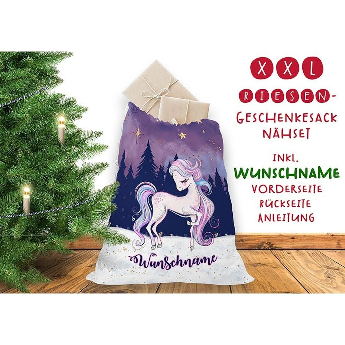Nähset XXL Riesen WUNSCHNAME Geschenke-Sack Weihnachtspony Weihnachtsabend, Canvas 3 Nähset XXL Riesen WUNSCHNAME Geschenke-Sack Weihnachtspony Weihnachtsabend, Canvas